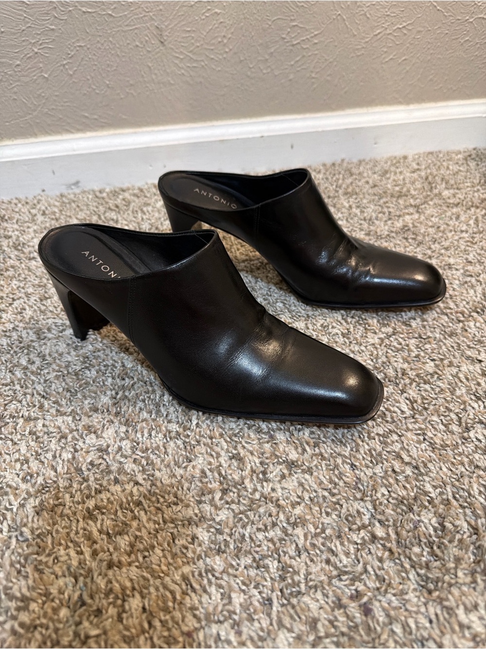 ANTONIO MELANI Black Leather Mule Heels
